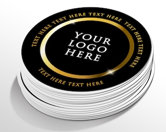 Könnte beinhalten: Ein Stapel runder schwarz-weißer Aufkleber mit einem goldenen Kreis um den Text "YOUR LOGO HERE". Der Text "TEXT HERE" wird am Rand des Aufklebers wiederholt.