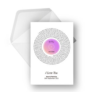 Personalisierte Vinyl Lyric Grußkarte A5, Special Song, Jubiläum, Verlobung, Geburtstagskarte, Musik Grußkarte, Any Artist Any Song