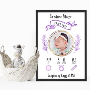 Personalised Birth Stats Baby Print Sign, Custom Birth Announcement Nursery Wall Art Prints, Newborn Baby Girl & Boy Gift, New Parent Gift