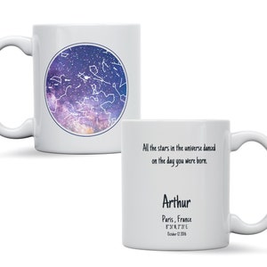 Mug personnalisé carte des étoiles, cadeau souvenir ciel nocturne galaxie, anniversaire, fiançailles, anniversaire, cadeau astronomie, carte des étoiles personnalisée pour lui/elle