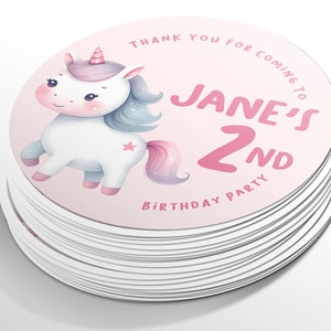 Personalised birthday unicorn round/circle stickers, custom labels, custom sizes, kids birthday, gloss and matte