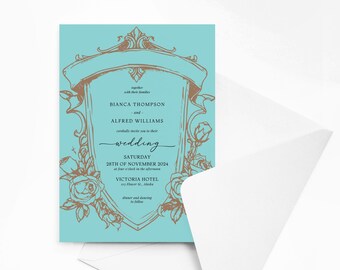 Pode incluir: Um convite de casamento azul turquesa com uma moldura dourada adornada e detalhes florais. O convite diz "Bianca Thompson e Alfred Williams convidam-no cordialmente para o seu casamento, sábado, 28 de novembro de 2024, às quatro da tarde, Victoria Hotel, 123 Flower St, Alaska, jantar e dança a seguir."
