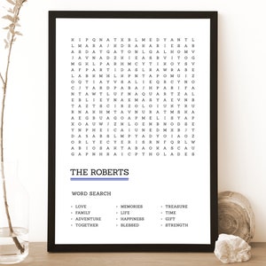 May include: A black and white word search puzzle with the title "The Roberts" and a list of words to find, including "love", "family", "adventure", "together", "memories", "life", "happiness", "blessed", "treasure", "time", "gift", and "strength".
