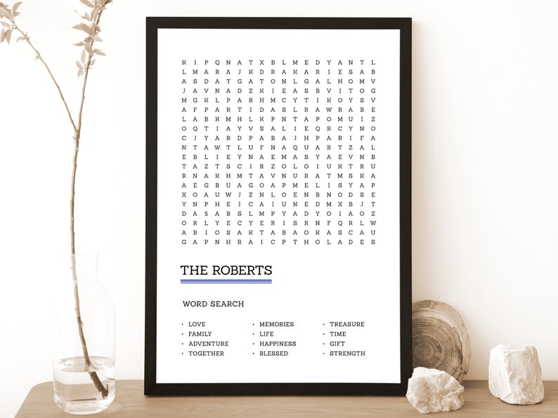 May include: A black and white word search puzzle with the title "The Roberts" and a list of words to find, including "love", "family", "adventure", "together", "memories", "life", "happiness", "blessed", "treasure", "time", "gift", and "strength".