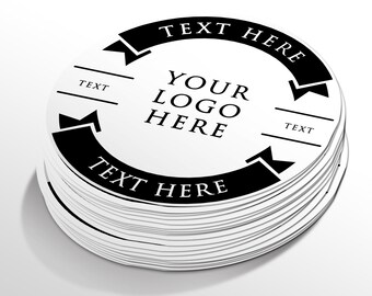 Könnte beinhalten: Ein Stapel runder, weißer Papieruntersetzer mit schwarzem Text und Designs. Der Text lautet "TEXT HERE", "YOUR LOGO HERE" und "TEXT".