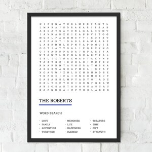 May include: A black and white word search puzzle with the title "The Roberts" and a list of words to find, including love, family, adventure, together, memories, life, happiness, blessed, treasure, time, gift, and strength.
