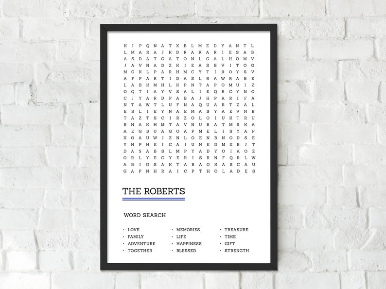 May include: A black and white word search puzzle with the title "The Roberts" and a list of words to find, including love, family, adventure, together, memories, life, happiness, blessed, treasure, time, gift, and strength.