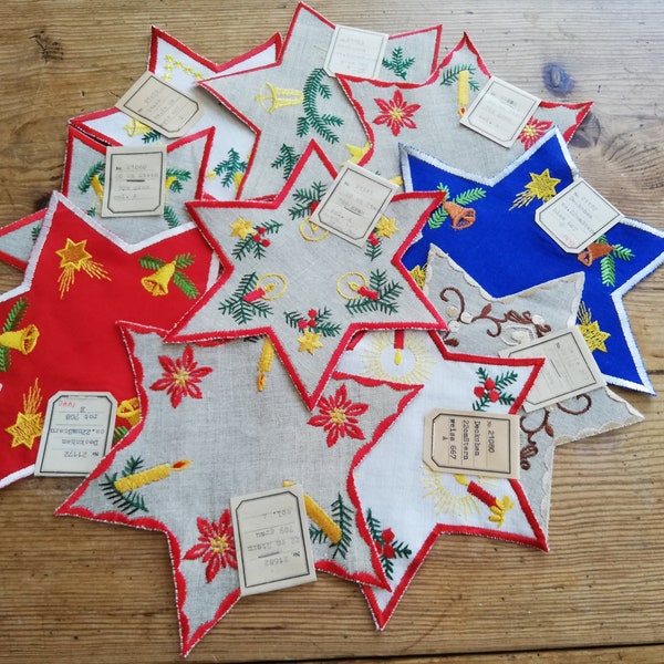 NOSTALGIC Xmas GDR, Germany Vintage Embroidered Christmas Stars - Plauener Spitze Excellent Vintage Mint Condition From 1960s