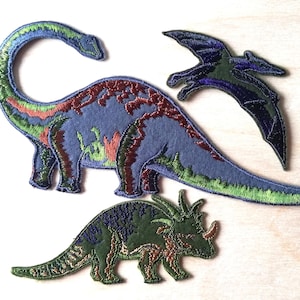 Könnte beinhalten: Drei gestickte Bügelbilder mit Dinosaurier-Motiven. Das größte Bügelbild zeigt einen blauen, grünen und roten Dinosaurier mit langem Hals. Das zweite Bügelbild zeigt einen grünen und blauen Dinosaurier mit Hörnern. Das dritte Bügelbild zeigt einen lila und grünen fliegenden Dinosaurier.
