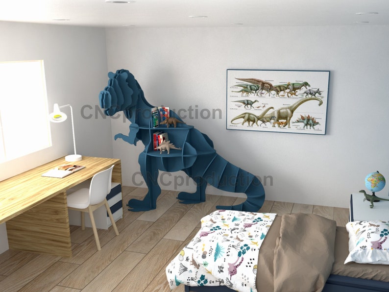 T-REX SHELF dxf plan laser cutting file, dinosaur home decor interior design, tyrannosaur digital file book shelf image 1