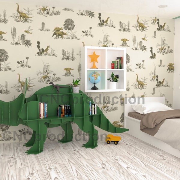 ÉTAGÈRE TRICERATOPS - fichier de découpe laser de plan dxf, décoration intérieure de dinosaure, étagère de livre de fichier numérique tyrannosaur