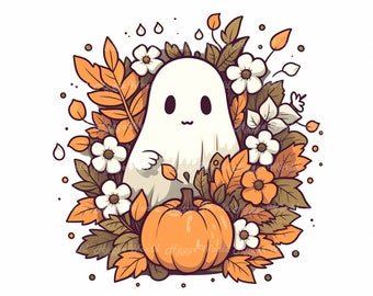 Halloween Cute Ghost PNG, Pumpkin, Leaves PNG, Autumn Sublimation Design, Spooky Ghost, Fall Florals PNG, Instant Download