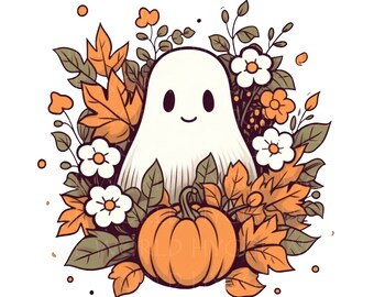 Halloween Cute Ghost PNG, Autumn Sublimation Design, Fall Florals PNG, Leaves and Pumpkin PNG, Spooky Ghost, Instant Download