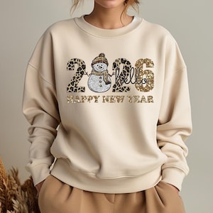 Hello 2026 New Year PNG, Happy New Year Sublimation Design, Glitter Snowman, Leopard and Gold Font, Leopard Print Hello 2026 PNG image 2