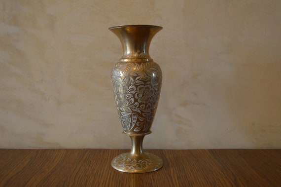 Vintage Brass Vase From India Flower Vase Engraved Vase Etsy