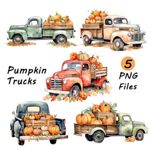 Watercolor Vintage Trucks With Pumpkins, Fall Floral Clipart PNG, Autumn Sublimation Design, Commercial Use POD, Vintage Fall Trucks Bundle