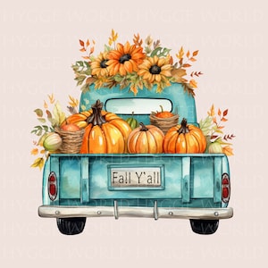 Old Turquoise Truck with Pumpkins and Sunflowers, Antique Fall Truck PNG, Autumn Sublimation Design, Watercolor Turquoise Retro Truck PNG