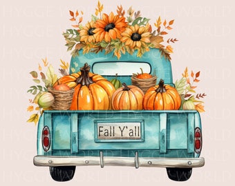 Old Turquoise Truck with Pumpkins and Sunflowers, Antique Fall Truck PNG, Autumn Sublimation Design, Watercolor Turquoise Retro Truck PNG