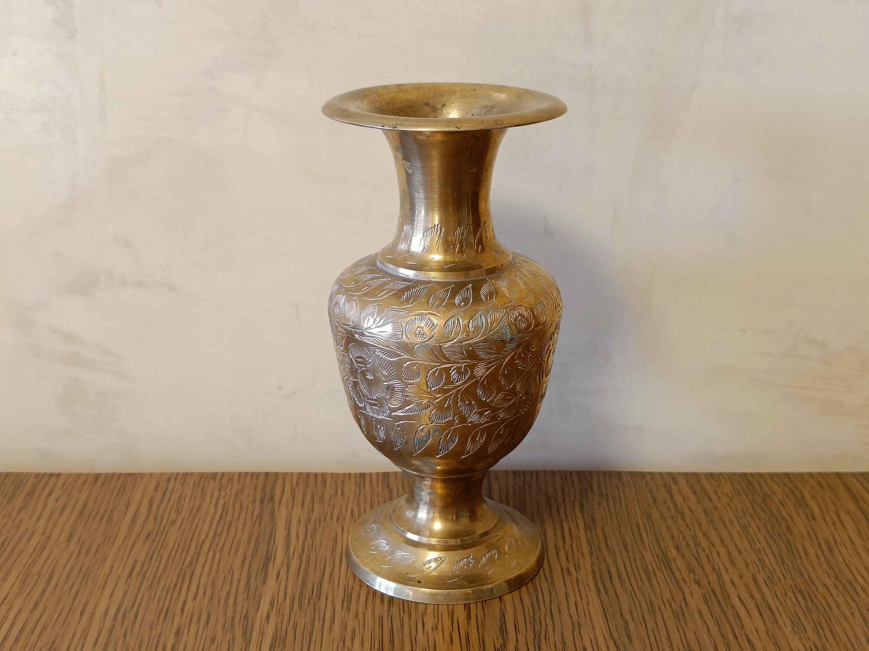 Vintage Brass Vase From India, Small Floral Vase, Engraved Vase