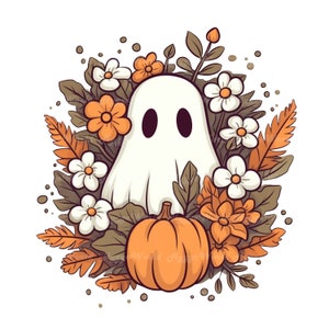 Lindo fantasma PNG, diseño de sublimación de Halloween, fantasma espeluznante, flores de otoño PNG, hojas de otoño, calabaza PNG, descarga instantánea