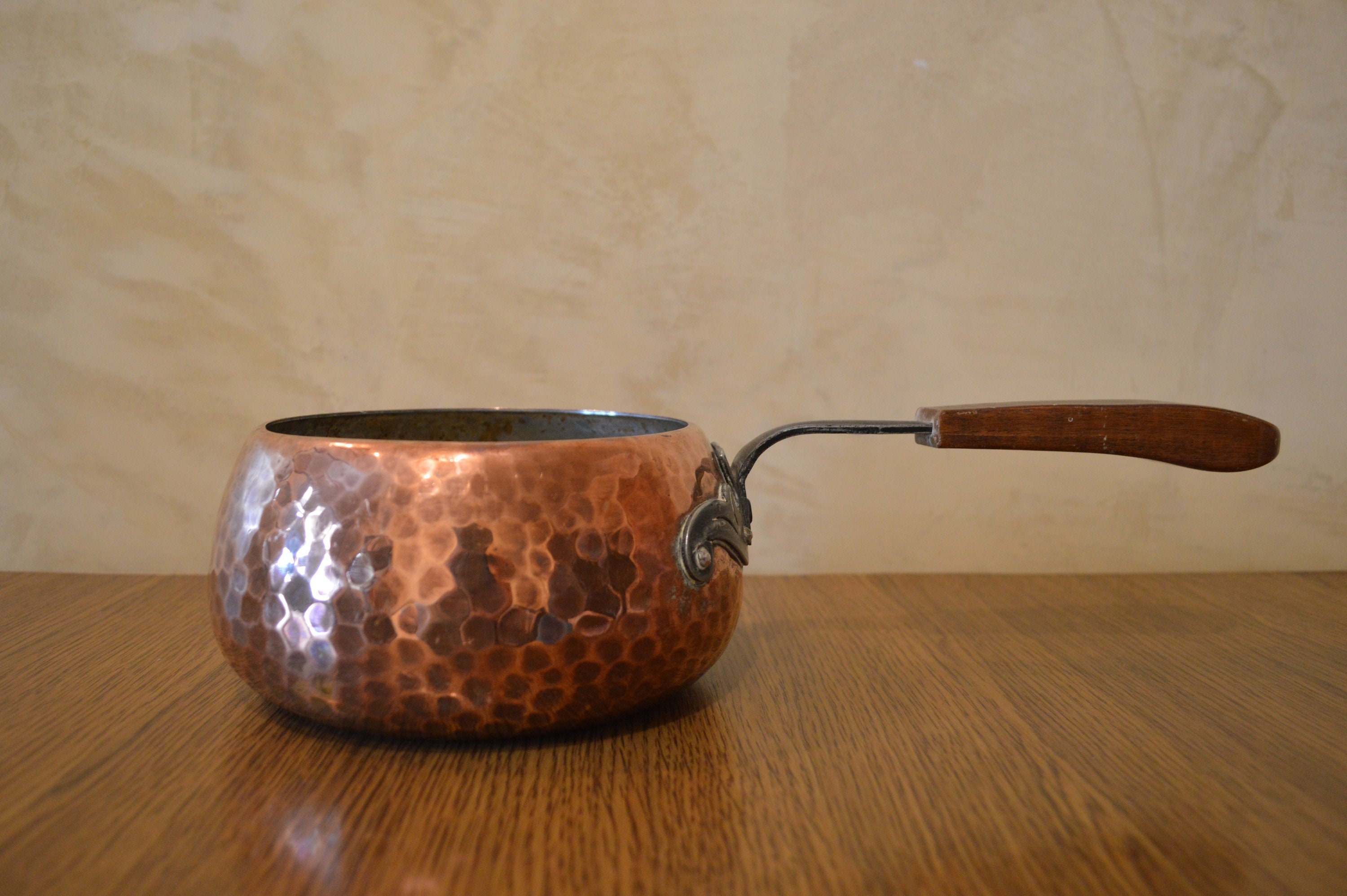 Vintage Copper Fondue Pot With Wooden Handle, Swiss Made, Copper