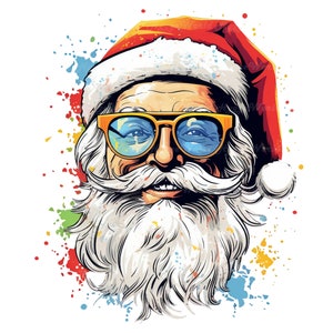 Cheerful Santa with Sunglasses PNG, Cute Christmas Sublimation Design PNG, Digital Design for Shirt, Rainbow Santa PNG