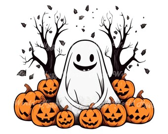 Halloween Ghost PNG, Spooky Ghost Among the Pumpkins, Fall PNG, Cute Ghost Clipart, Halloween Shirt Sublimation, Autumn Sublimation Design