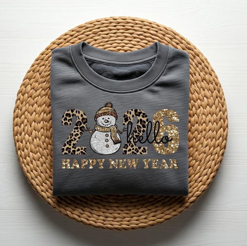 Hello 2026 New Year PNG, Happy New Year Sublimation Design, Glitter Snowman, Leopard and Gold Font, Leopard Print Hello 2026 PNG image 4