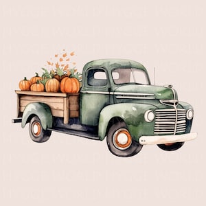 Old Green Truck with Pumpkins, Vintage Truck PNG, Antique Fall Truck, Autumn Sublimation Design, Watercolor Retro Truck, Instant Download