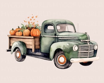 Old Green Truck with Pumpkins, Vintage Truck PNG, Antique Fall Truck, Autumn Sublimation Design, Watercolor Retro Truck, Instant Download