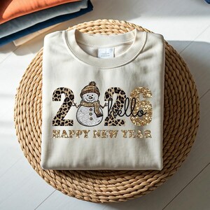 Hello 2026 New Year PNG, Happy New Year Sublimation Design, Glitter Snowman, Leopard and Gold Font, Leopard Print Hello 2026 PNG image 3