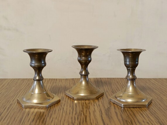 Set of Three Vintage Brass Candle Holders, Vintage Candle Holders