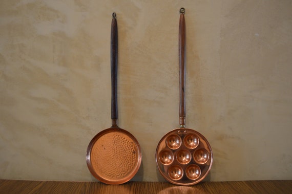 Small Vintage Copper Pans With Wood Handles Set Of Two Etsy
