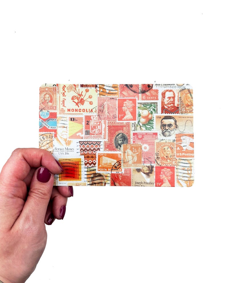 May include: A rectangular collage of vintage postage stamps in shades of red, orange, and brown. The stamps feature various designs, including portraits, floral patterns, and text. Some stamps have text such as "MONCOLIA" and "6 CENTS".