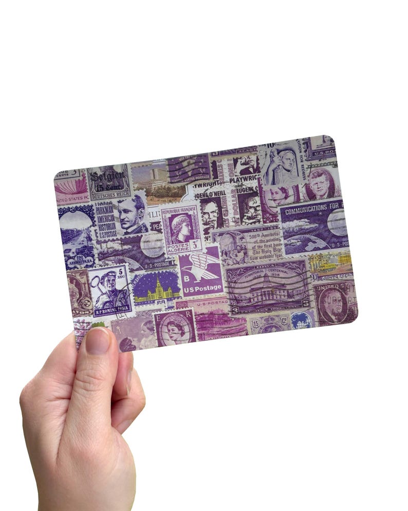 May include: A rectangular collage of vintage postage stamps in shades of purple and white. The stamps display portraits, buildings, and text, including "US Postage" and "Communications For". The collage is held in a hand against a white backdrop.