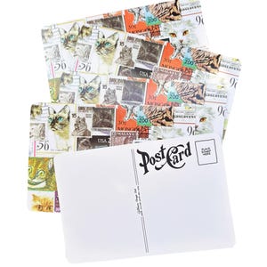 K&ouml;nnte beinhalten: Eine Sammlung rechteckiger Postkarten mit einer Collage aus Briefmarken im Vintage-Stil und verschiedenen Katzenillustrationen. Die Vorderseite zeigt farbenfrohe Katzenportr&auml;ts und Stempelmarkierungen, w&auml;hrend die R&uuml;ckseite wei&szlig; ist und den Text Postcard tr&auml;gt.