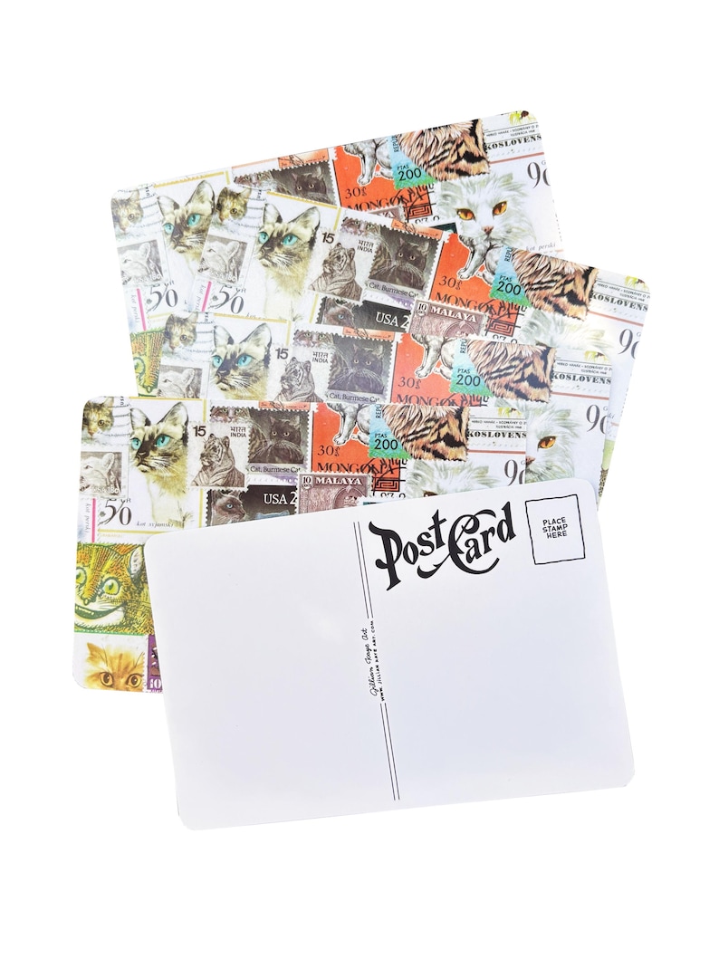 K&ouml;nnte beinhalten: Eine Sammlung rechteckiger Postkarten mit einer Collage aus Briefmarken im Vintage-Stil und verschiedenen Katzenillustrationen. Die Vorderseite zeigt farbenfrohe Katzenportr&auml;ts und Stempelmarkierungen, w&auml;hrend die R&uuml;ckseite wei&szlig; ist und den Text Postcard tr&auml;gt.