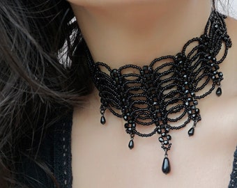Victorian Gothic chokers, Statement black collar necklace, Crystal necklace, Statement Victorian jewelry, Handmade jewelry, Black Jewelry