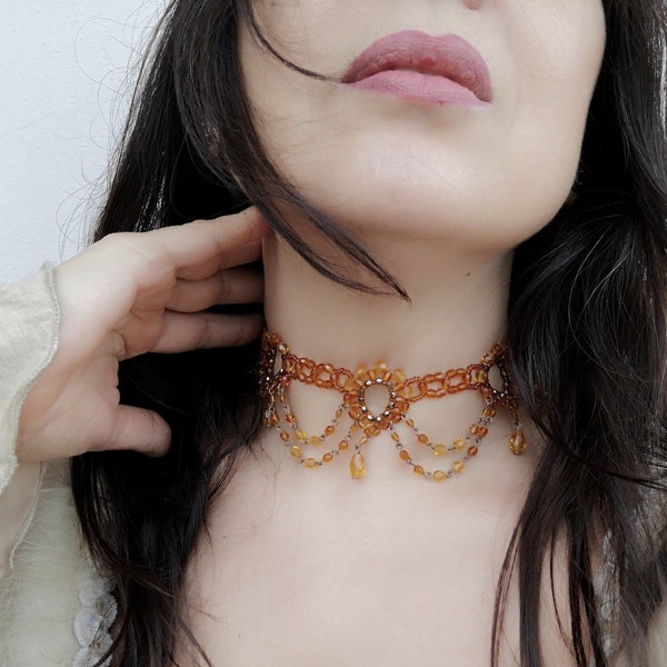 Victorian necklace in amber color, Crystal wedding choker, Renaissance collier, Choker and Victorian accessories, Victorian style wedding