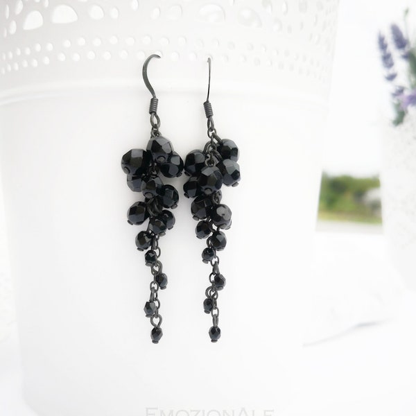 Black dangle earrings, Drop earrings, Boho earrings long, Crystal cluster earrings, Handmade earrings, Black jewelry, Made in Italy jewelry