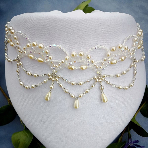Vintage Wedding beaded necklace - Statement Jewelry from Prom Dress Vintage - Victorian Pearl Choker Necklace in Ivory or White color