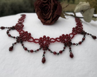 Victorian Collar Choker - Victorian Necklace in Garnet Czech Crystal - Handmade & Vintage Jewelry