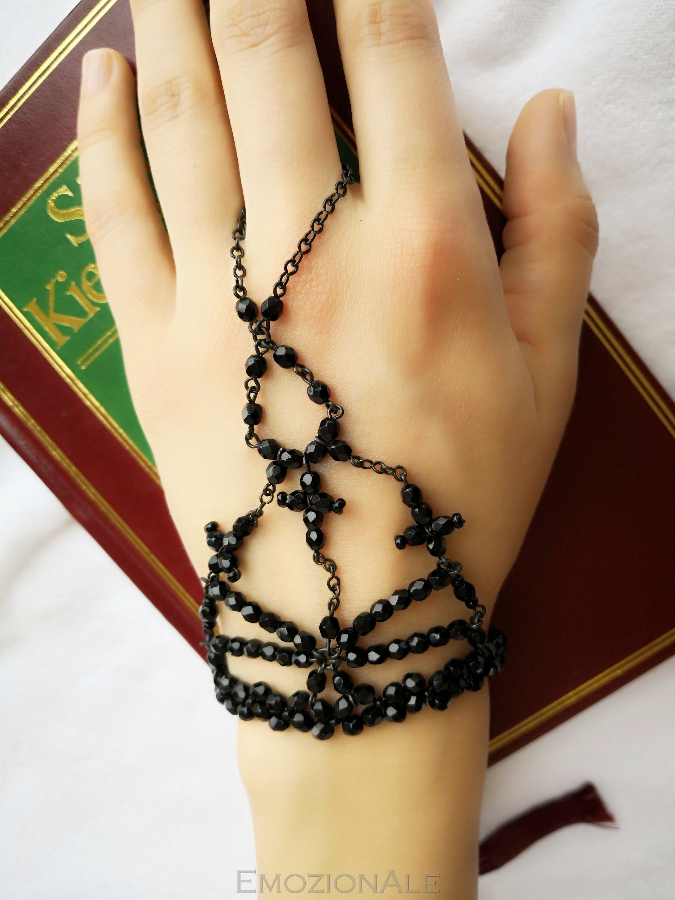Black Slave Bracelet With Crosses, Hand Chain Gothic Black Slave Bracelet With Crosses, Hand Chain Gothic