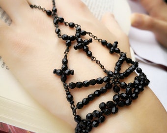 Black Slave Bracelet With Crosses, Hand Chain Gothic Black Slave Bracelet With Crosses, Hand Chain Gothic