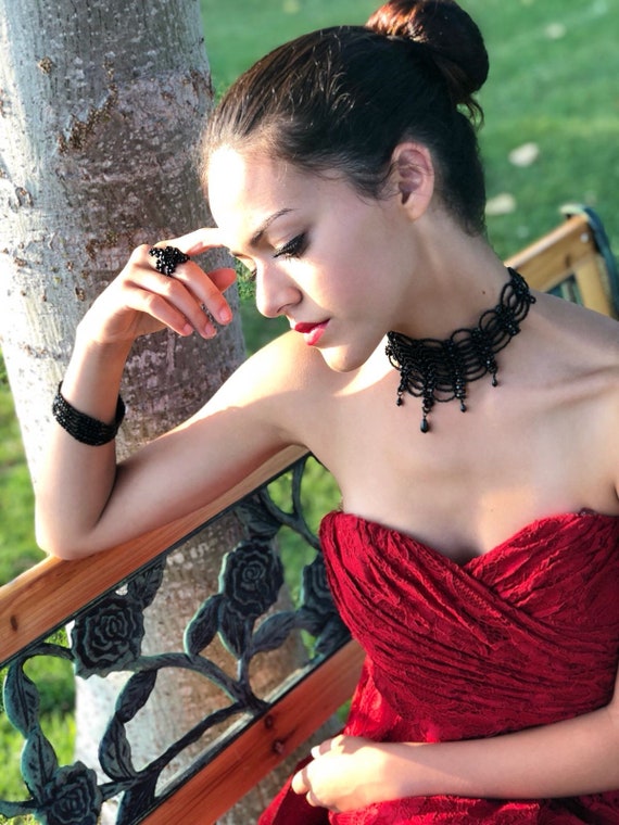 Necklace Earrings On Black Gown Necklace Black Dress Red Earrings - Main Image