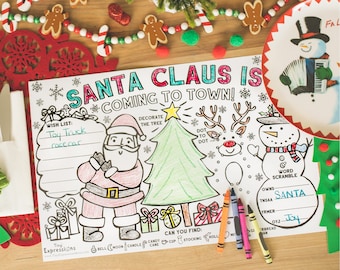 Christmas Santa Placemats for Kids (Pack of 12 Holiday Placemats) | Coloring Activity Paper Mats for Kids Table | Disposable Bulk Bundle Set