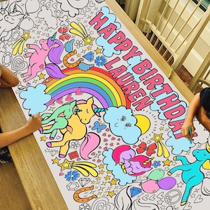 GIANT Personalized Unicorn Birthday Coloring Poster or Table Cover | Custom Unicorn Paper Birthday Tablecloth for Party |  30" x 72" inches