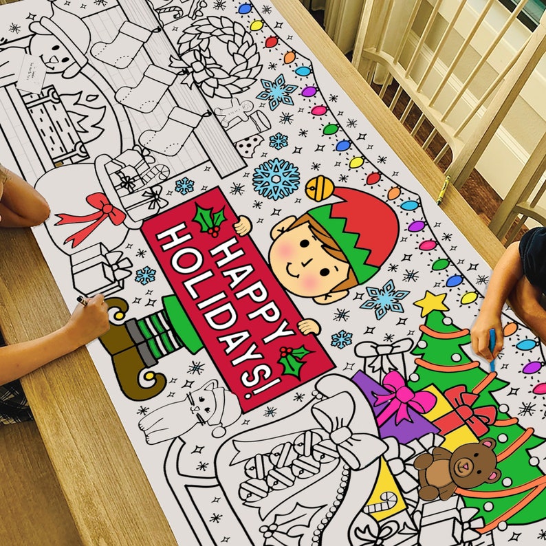 GIANT Christmas Elf Coloring Poster or Table Cover Paper Holiday Tablecloth for School Parties Winter Party Decor 30 x 72 inches Boy Happy Holidays