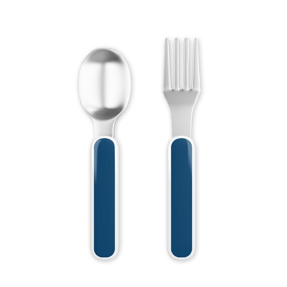 thumbnail image 2 of Toddler Utensil Set - Stainless Steel Fork & Spoon With Silicone Handles (Blue/Red) - Self-Feeding Training 2 of 9