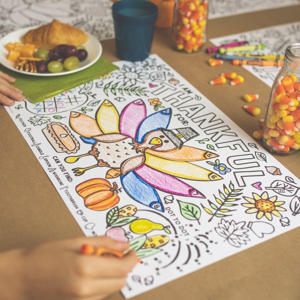 Fall Thanksgiving Placemats for Kids (12 Turkey Placemats) | Paper Coloring Activity Paper Table Mats for Children to Write Thankful List